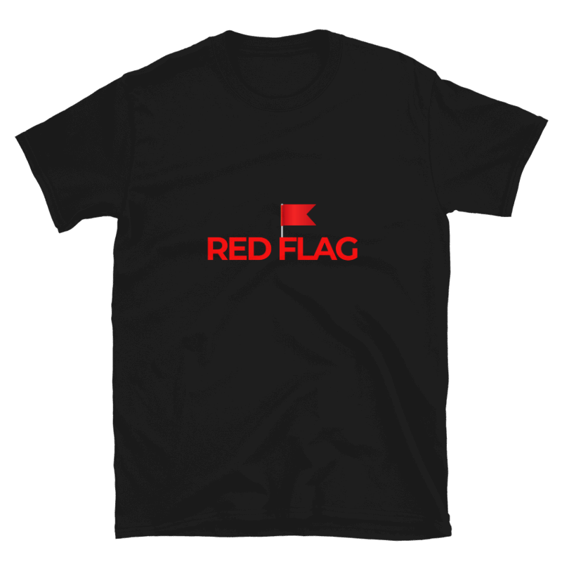 Black t-shirt with a red flag graphic and 'RED FLAG' text on a white background