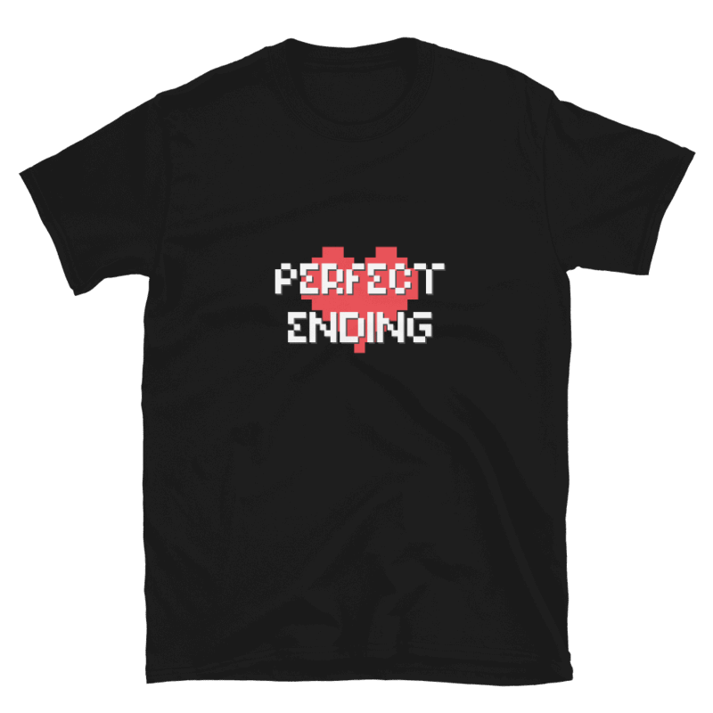 Black t-shirt with 'Perfect Ending' design on a white background