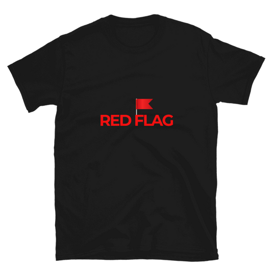 Black t-shirt with a red flag graphic and 'RED FLAG' text on a white background