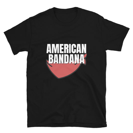 Black t-shirt with 'American Bandana' graphic on a white background
